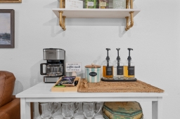 Indulge in your morning ritual at our coffee/tea bar! Featuring a regular coffee maker with premium blends from a local boutique, plus three delightful flavor options to customize your perfect cup.