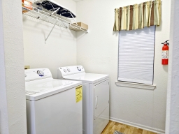 The Laundry Room is equipped with a washer, dryer, laundry detergent, fabric softener sheets, an iron, and an ironing board for your convenience.